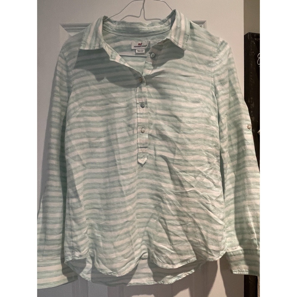 Vineyard Vines 100% Linen Mint Striped Tonal Popover Roll Tab Sleeve Top, size 8